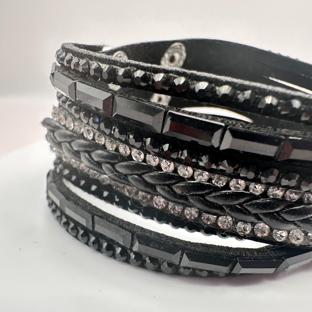 Vintage Y2K Black Leather Glass Rhinestone Wrap Bracelet Silver Tone Jewelry